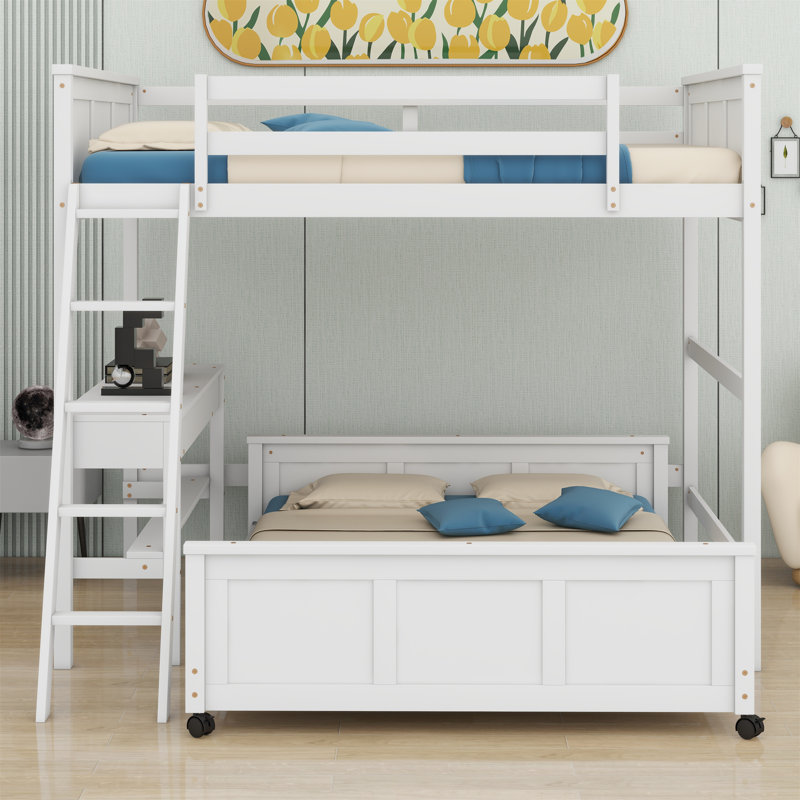Lit superposé avec bureau, Lit superposé double sur double, Blanc