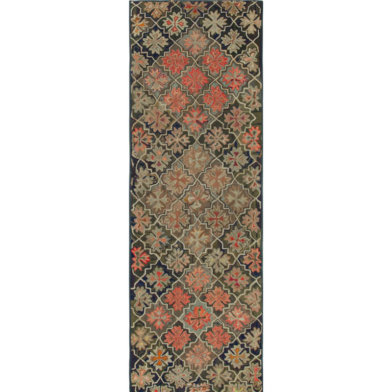 Antique American Trellis Lattice Folk Art Design Small 19th Century Hooked Rug