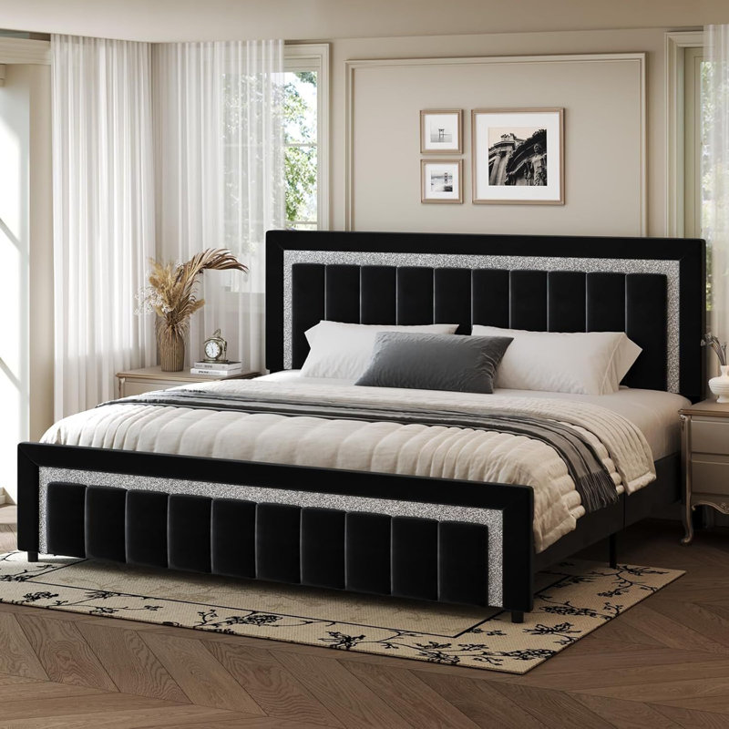 Velvet Upholstered Platform Bed Frame with Vertical stripes Headboard and Footboard and Footboard, Black, King