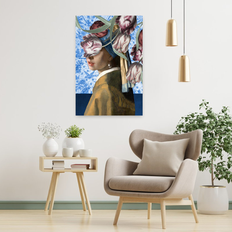 Fille avec perle - Derrière les tulipes, H 36 po x l 24 po