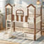 Lit superposé simple au-dessus de simple avec bibliothèque de rangement et tiroir, lit superposé en bois massif avec toit et fenêtres, maisonnette enfantine et conception détachable. Beige et naturel