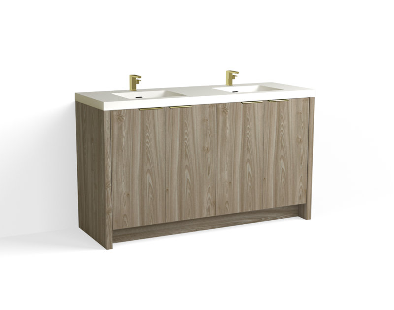Mesa 60" W Freestanding Double Bathroom Vanity , White Matte, Nocino/Satin Brass, Single-Hole