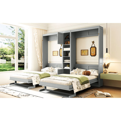 Deux lits simples à double paroi gris, avec tablettes et armoires de rangement, lits gris d'apparence moderne, tablette convertible, espace de maximisation idéal