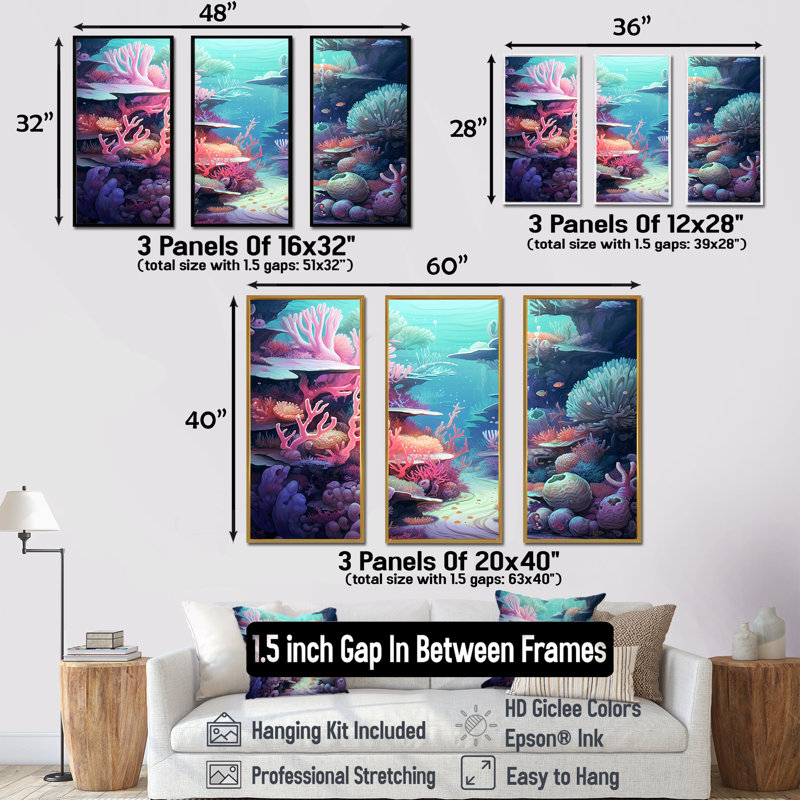 Ensemble de décorations murales turquoise et rose sous l'eau, Cadre flottant blanc, H 28 po x l 36 po x P 1 po