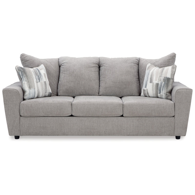Gray Fabric Stationary Sofa with Flared Arms and Accent Pillows