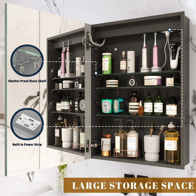 Armoire à pharmacie de salle de bain 32 po x 24 po avec miroir de brouillard à DEL - à intensité variable, tablette réglable, 2 portes, douilles, brumisateur argenté, tablettes, espace