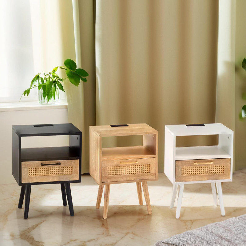 Table de chevet moderne avec pieds en bois massif USB (ensemble de 2), Blanc
