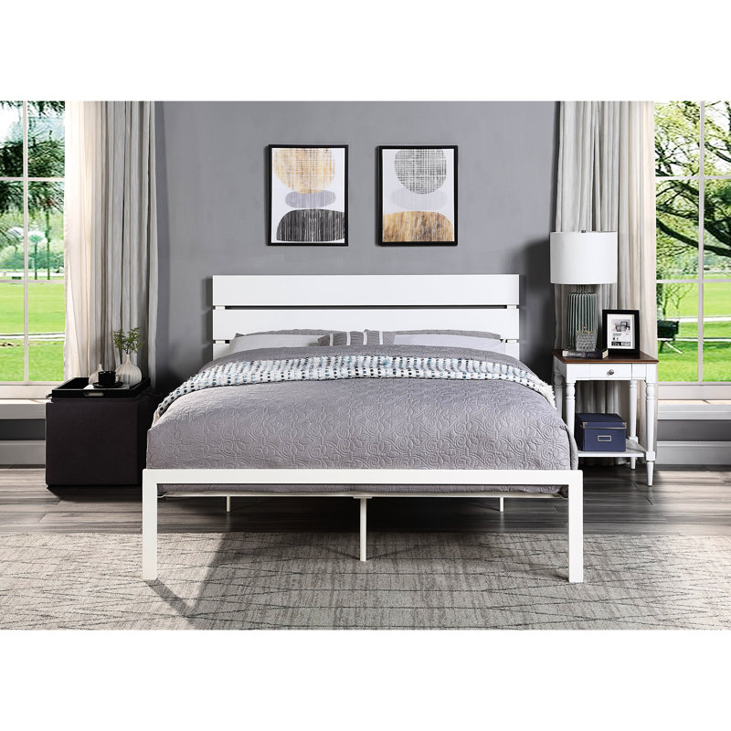 Queen Metal Bed In White For Bedroom Elegance - Casual Modern Style, 500Lbs Weight Contemporary Charm Capacity