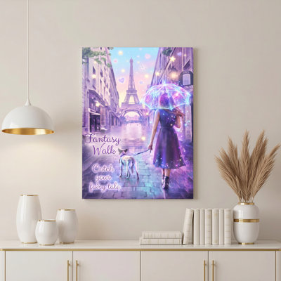 Fantasy Walk Paris Eiffel Tower Girl With Umbrella And Dog Canvas Wrapped Wall Art Oil Painting Print Set Of 1