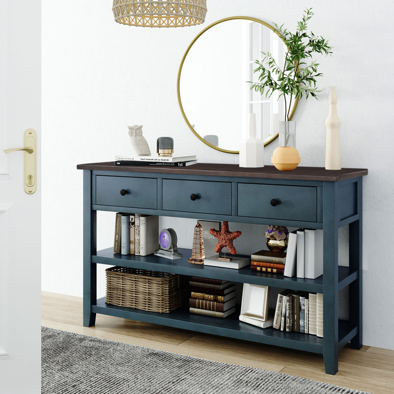 Retro Design Console Table With 3 Drawers And 2 Open Shelves – Pine Solid Wood Frame For Living Room, Entryway
