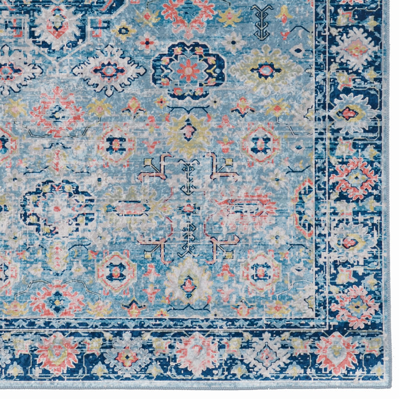 Emanuel Traditional Machine Woven Flatweave Light Blue and Blue Area Rug with Non Skid Backing , Rectangle 5' x 7'