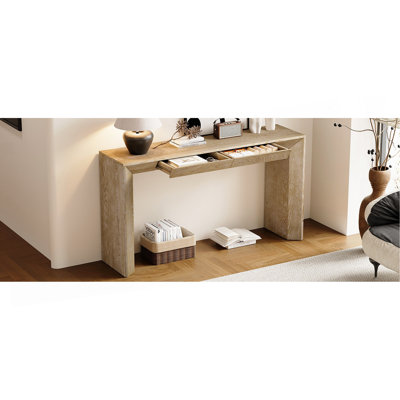 Console de style campagne moderne 60 po avec 2 tiroirs dissimulés, table d'entrée de style cascade avec pieds épaissis et grain de bois rustique pour le salon, l'entrée et le couloir (naturel)