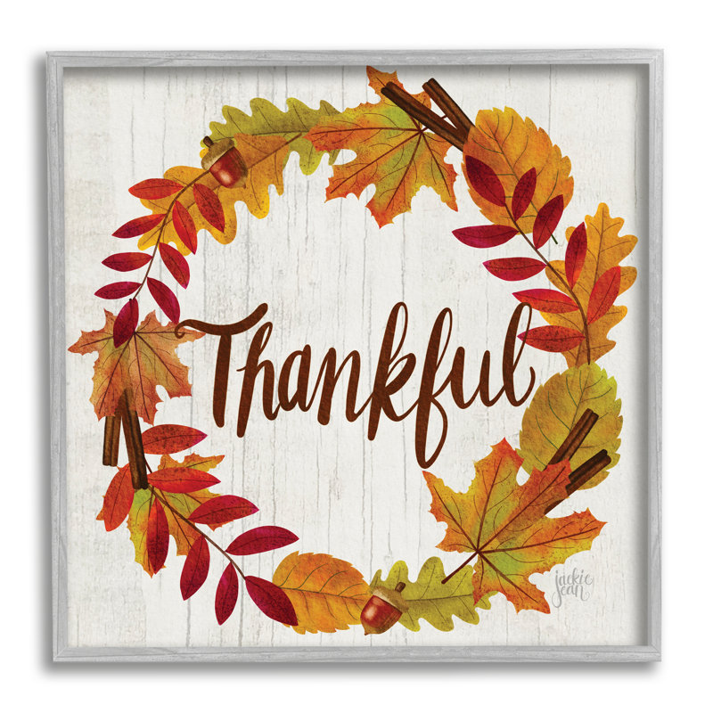 «Autumn Tree Leaf Wreath Thankful Sentiment Home» - Art textuel sur toile, H 12 po x l 12 po x P 1,5 po