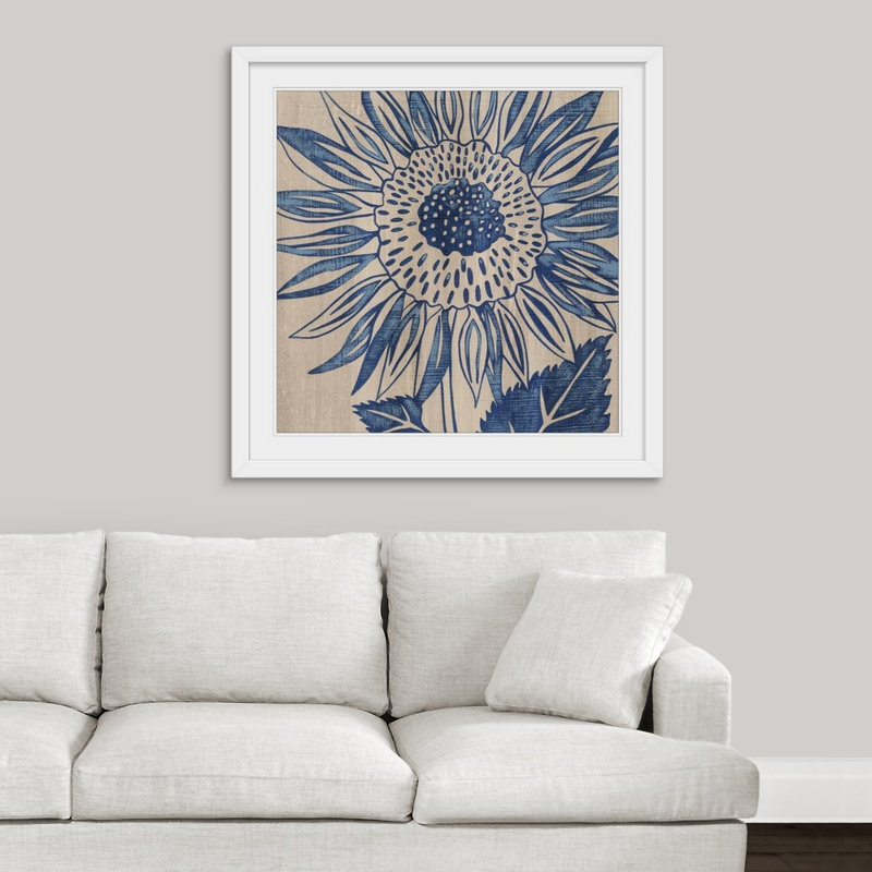 " Indigo Sunflower ", White Frame, 38" H x 38" W x 1" D