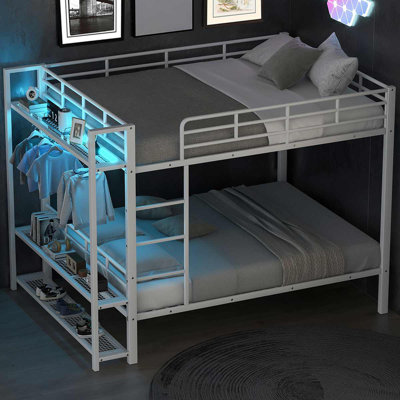 Full Size Metal Bunk Bed With Storage Mesh Shelves And LED Light Stylish Space-Saver by Isabelle & Max