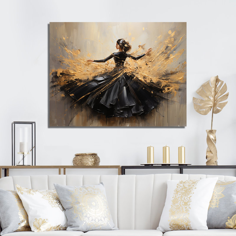 Gold and Black Dance Splash II - Danse, reproduction d'art encadrée, L 44 po x H 34 po x P 1,5 po, Toile tendue