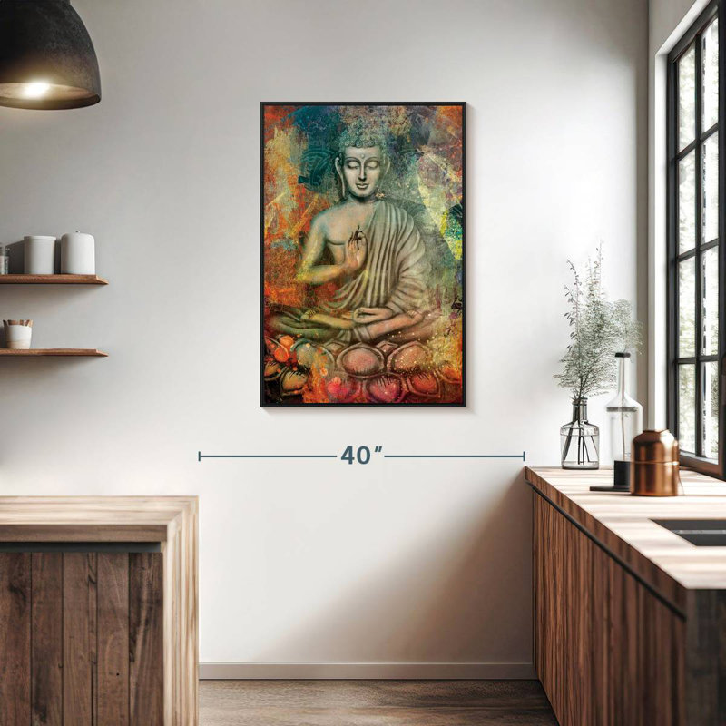 Bouddha assis en couleurs, 25 po x 37 po, Cadre flottant noir