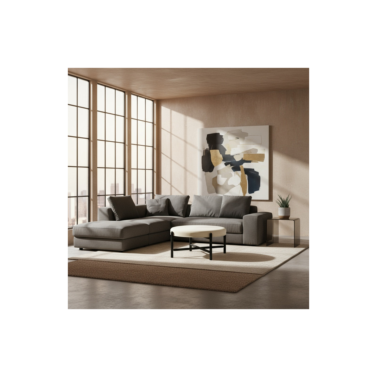 Vane 36" Round Ottoman, Cream, Black