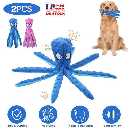 Ensemble de 2 jouets pour chien qui couinent, sans rembourrage, en peluche crissante en forme de pieuvre, jouet de dentition interactif pour chiots et chiens de petite, moyenne et grande taille.