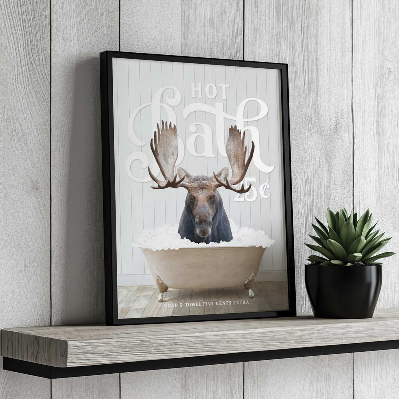 «Moose Hot Bath», impression d'art à lettres et doublée, L 18 po x H 24 po, Tan, Impression encadrée
