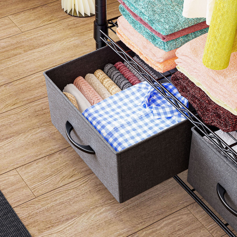 Organisateur de garde-robe autoportant 35,5 po avec tringle, tablettes réglables et 2 tiroirs en tissu pour chambre à coucher, appartement et salle de lavage, gris foncé