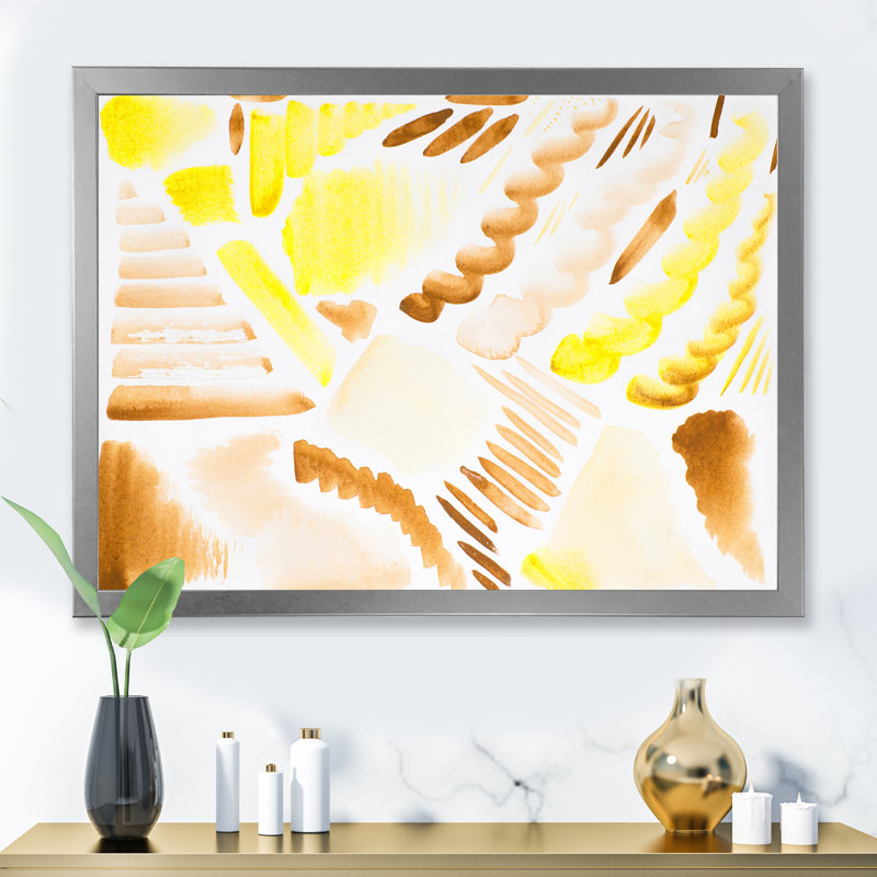 Éléments graphiques rétro en orange et jaune II - peinture sur toile, H 34 po x l 44 po, Cadre photo argenté
