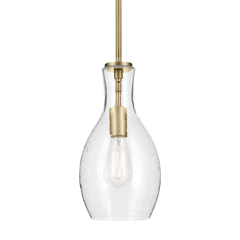 1-Light Natural Brass Modern Pendant with Seeded Glass Shade, Brass