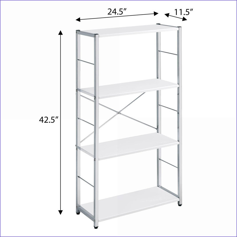 Bibliothèque moderne blanche à 4 niveaux avec cadre argent chromé | Bois et métal | Ouvert à l'arrière