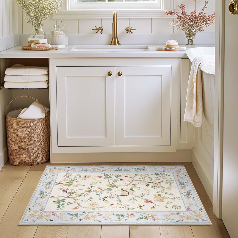 Chinoiserie Carpet Vintage Floral Rug Washable Non-slip Beige/Blue, Rectangle 2' x 3', Beige/Blue