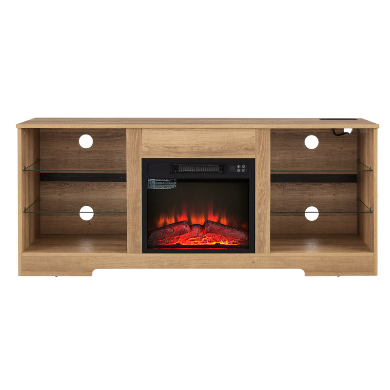 Console de foyer électrique pour téléviseur, grand espace de rangement, chêne, support 62 po, support réglable avec 21 couleurs de flammes avec foyer, flamme réaliste, charge, armoire, chêne 58 po