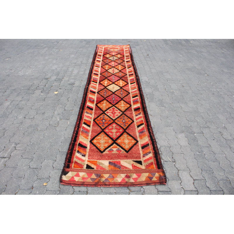 Tapis de style turc antique Antique Herki en orange vibrant - Tapis en laine rétro authentique pour escalier