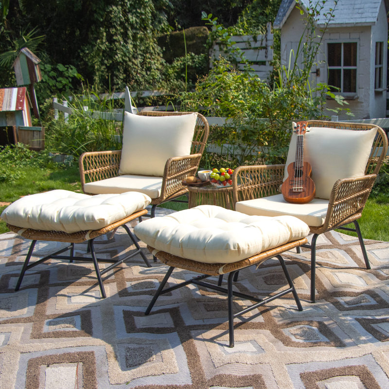 5 Piece Outdoor Wicker Boho Patio Conversation Set with Ottomans and Side Table