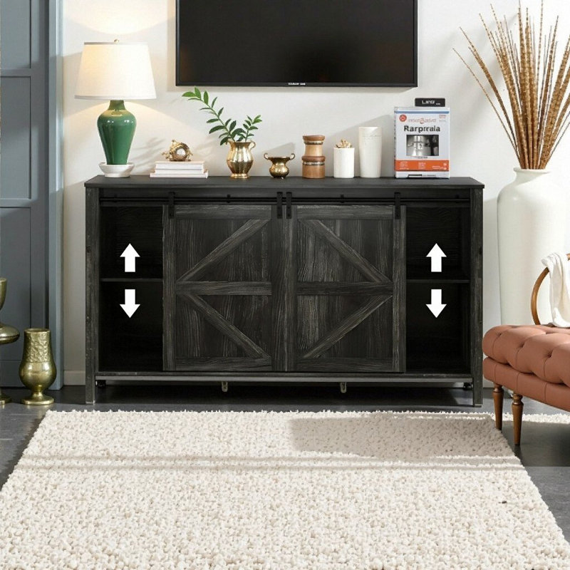Distressed Dark Gray Farmhouse Buffet Cabinet with Sliding Barn Doors, 60" Kitchen Storage Sideboard, Dark Gray