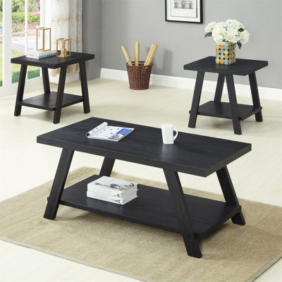 Athens Contemporary Replicated Wood Shelf Coffee Set Table In Black Finish