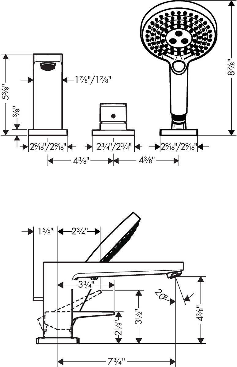 Metropol Deck Roman Tub Faucet with Handshower, Brushed Gold