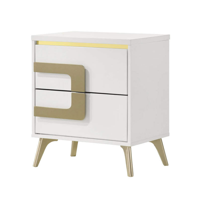 Ensemble de chambre à coucher moderne 4 pièces avec commode blanche et dorée, commode et 2 tables de chevet assorties pour un rangement contemporain