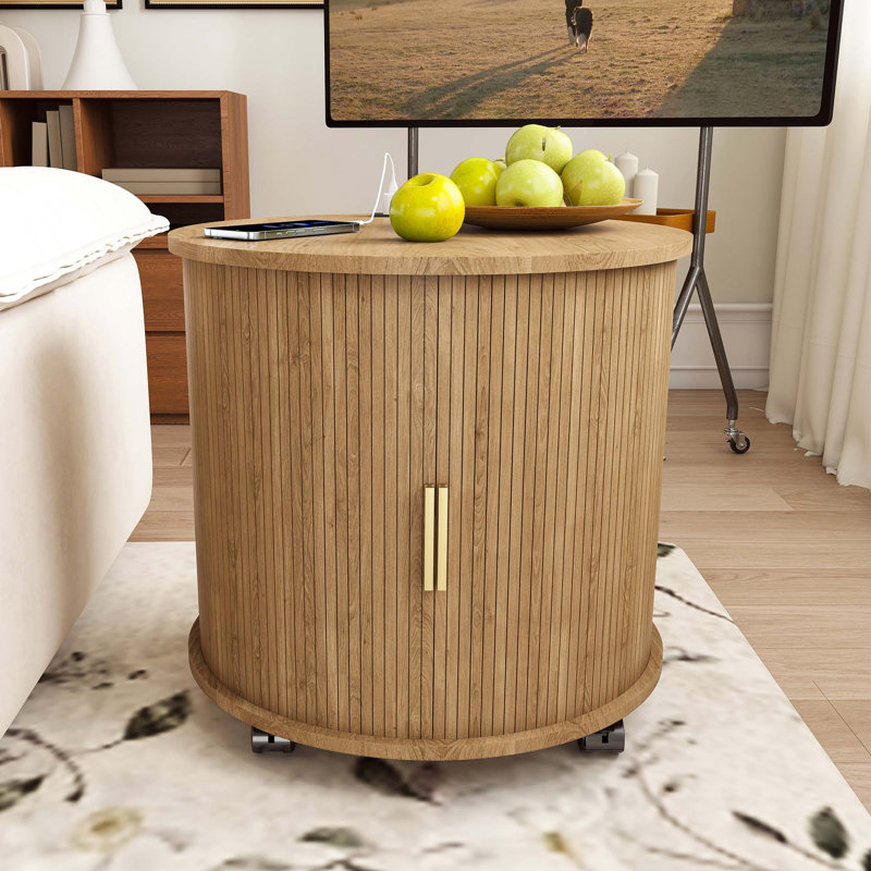 Ensemble de 2 tables cylindriques de style Mid-Century moderne avec stations de charge intégrées et portes coulissantes, Oak