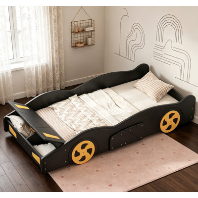 Lit plateforme simple en forme de voiture de course avec roues et rangement, durable et attrayant pour les chambres d'enfants