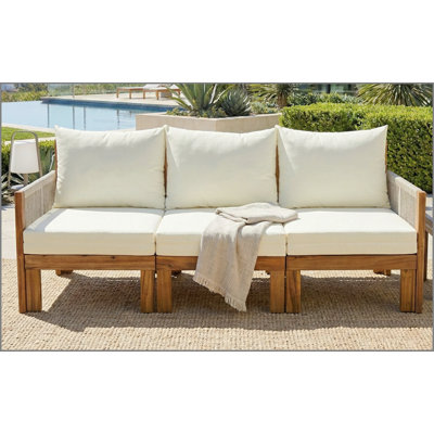 Outdoor Daybed Patio Sofa Bed 3 Seat Patio Sunbed Outdoor Sleeper Sofa Outdoor Couch for Patio, Backyard, Pool, Natural Wood+Beige Cushion
