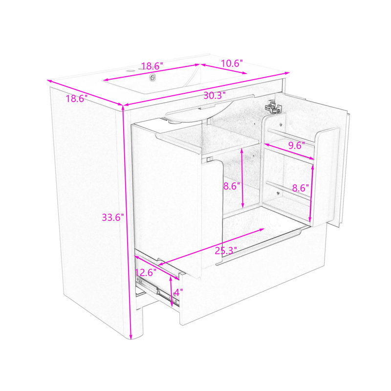 Meuble-lavabo de 30 pouces avec lavabo en céramique, portes doubles à fermeture en douceur, tiroir et tablette réglable