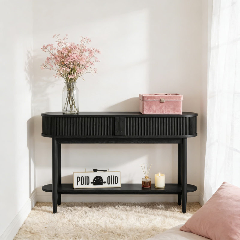 Console cannelée avec rangement, canapé d'entrée moderne avec portes coulissantes et tablette, couloir polyvalent et mobilier de salon