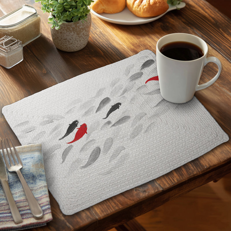 Asian Animals Gray Braided Placemat - Swimming Fish Wave Decor
