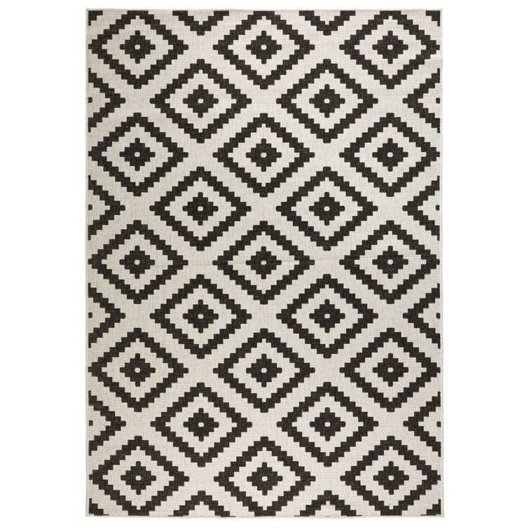 Malta - Indoor & outdoor rug, flat weave, living room, balcony, terrace, geo pattern - black cream