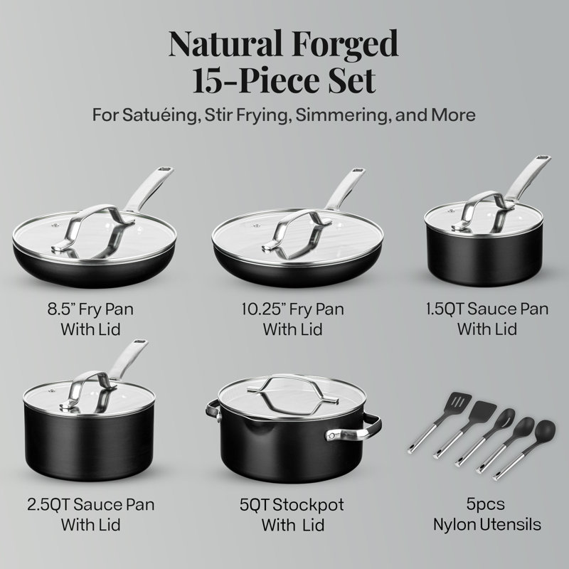 Gotham Steel Modern Collection 15 Piece Ceramic Nonstick Cookware Set, Black