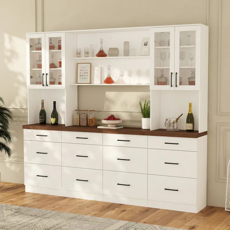 94.5" Wide Large Wine Bar Cabinet With 12 Drawers & Glass Doors, White