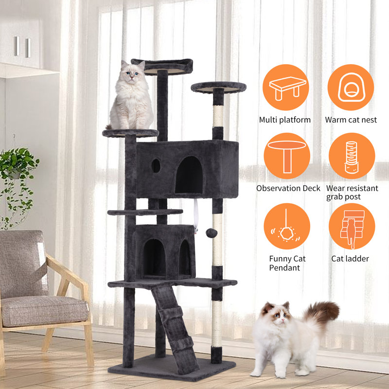Dark Gray 70'' Faux Fur and Sisal Cat Tree Tower