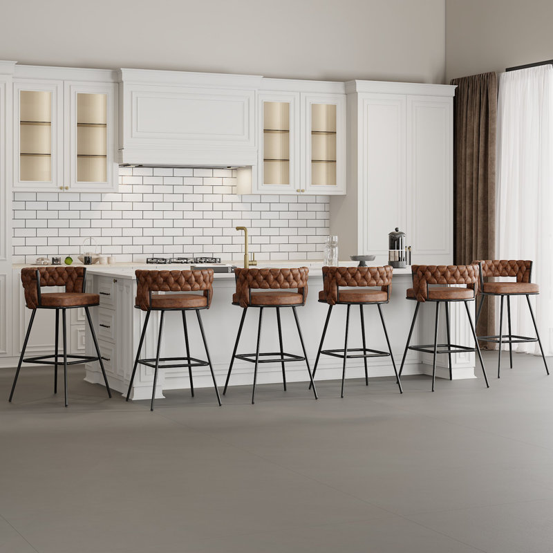 Bar Stools Set Of 6 Counter Height Velvet Upholstered Morden Barstools With High Backs 6 Metal Legs Chair For Kitchen Island Dining Room Bar, Brown