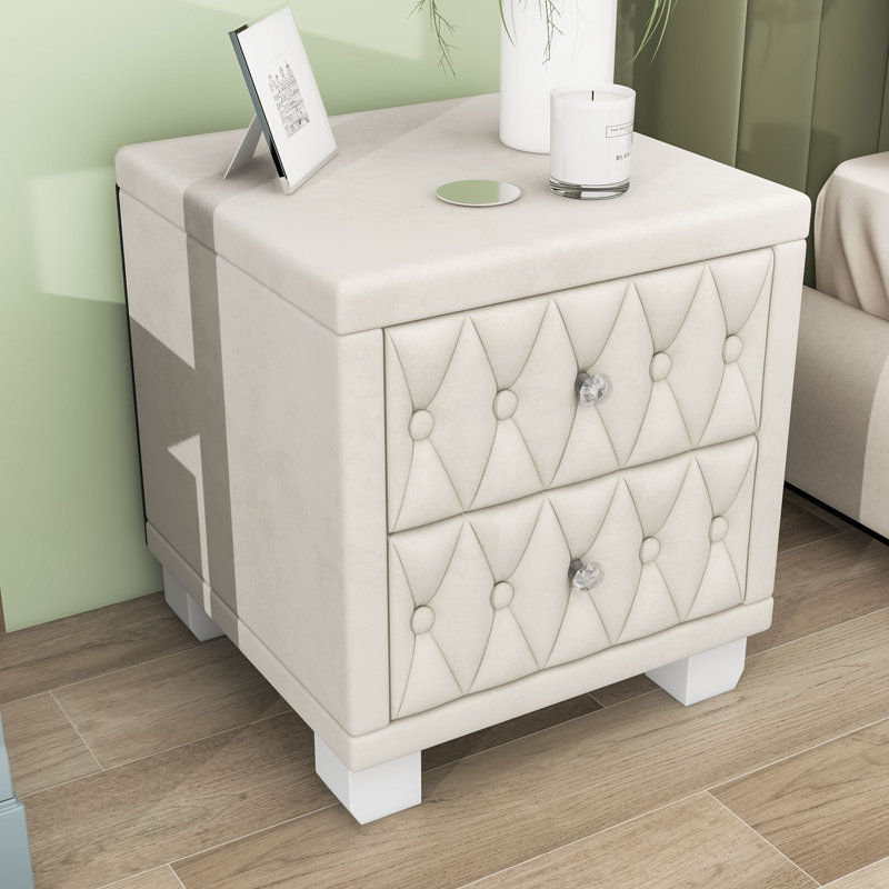 Table de chevet avec 2 tiroirs et capitonnée, Beige