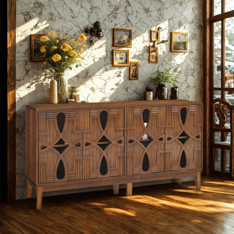 Buffet 60 pouces Mid-Century à 4 portes avec tablettes réglables, Noir
