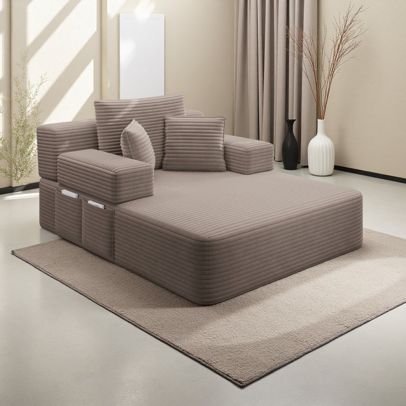Luxurious Plush Corduroy Chaise Lounge With 3 Pillows, Convertible Sofa Bed With Storage Pocket, Frameless Design, Coffee